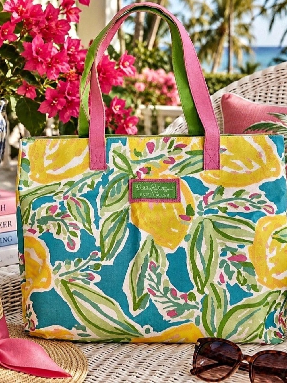 Lilly Pulitzer for Estée Lauder Lemon Print Tote Bag Blue Pink Resort Style